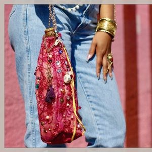 Pink Drawstring Beaded Lace Backpack